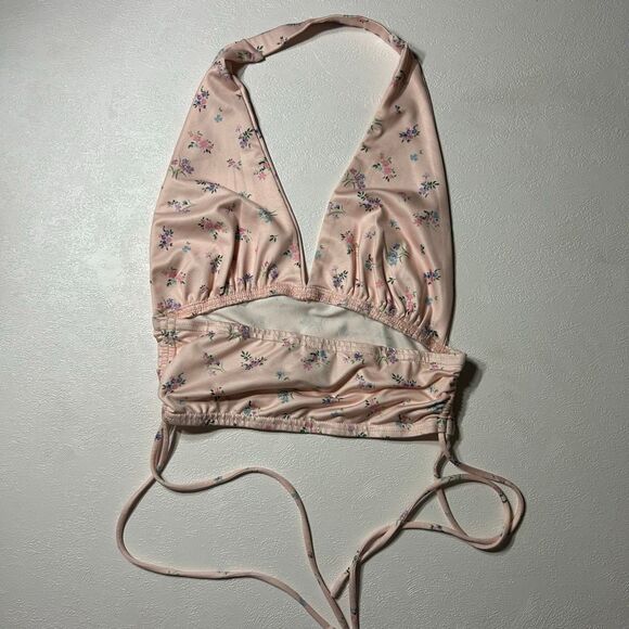 Princess Polly Floral Halter Top US 4 Pink Plunge Crop Tie Back - Picture 2 of 5
